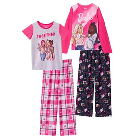 Conjunto de pijama, calças de pijama e camiseta de dormir para meninas da Barbie, 4 peças