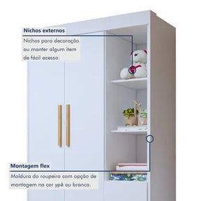 Quarto de Bebê Completo 100% MDF com Cômoda Berço e Guarda Roupa 1 MDF Nina Branco/Amadeirado - Espresso Móveis